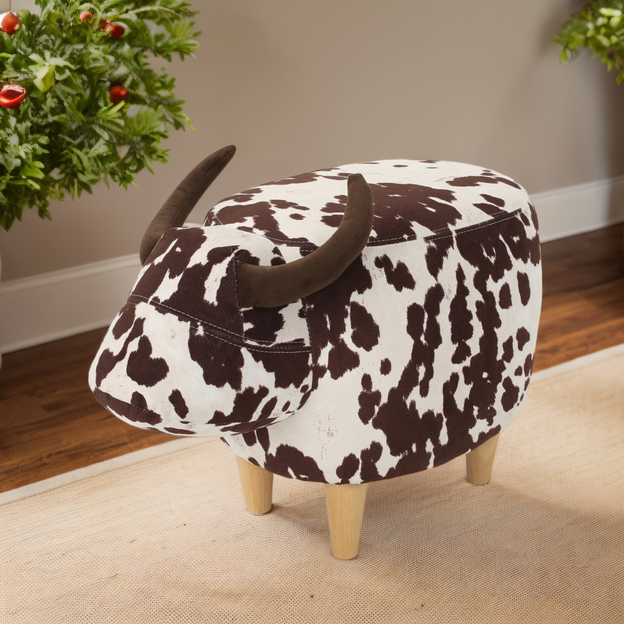 Cow-Shaped Modern Ottoman Footstool in Brown and White Fabric with Velvet Horns, Birch Legs, 25.25 x 14.00 x 16.75 inches - Grand Goldman Shop