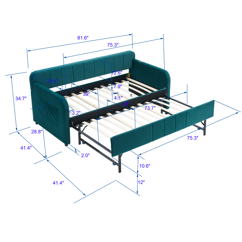 Twin Upholstered Daybed Frame with Trundle, Twin Size Sofa Bed for Bedroom Living Room Guest Room, Wood Slat Support,Emerald - Grand Goldman Shop