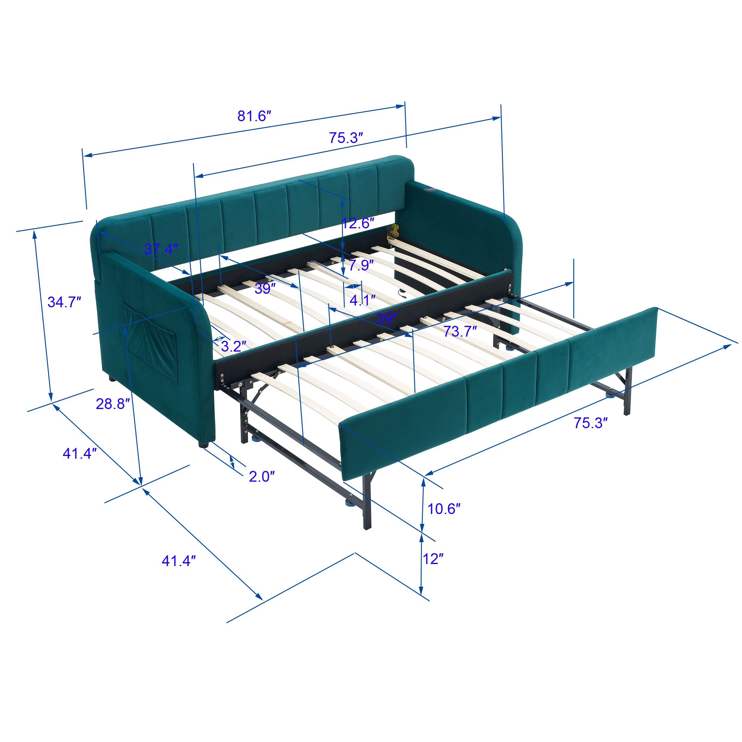 Twin Upholstered Daybed Frame with Trundle, Twin Size Sofa Bed for Bedroom Living Room Guest Room, Wood Slat Support,Emerald - Grand Goldman Shop