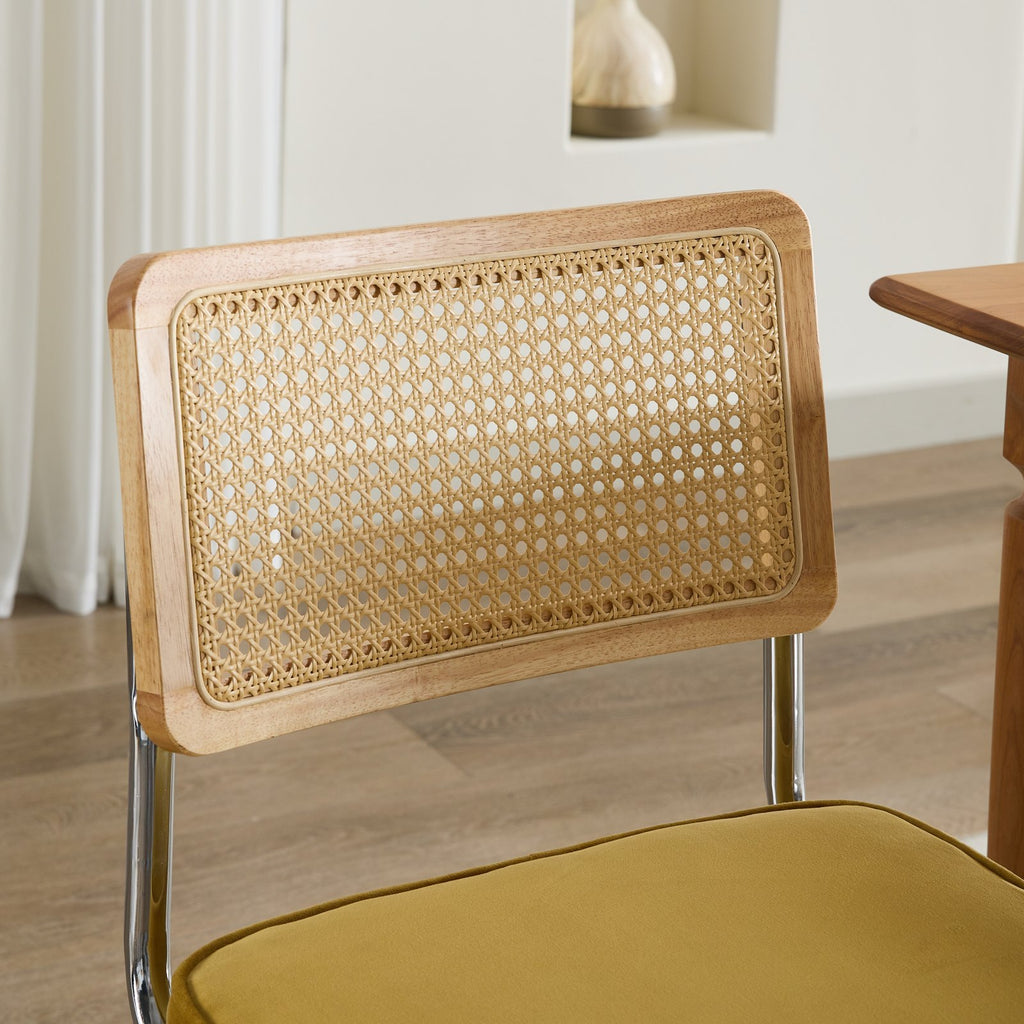 Mid Century Modern Dining Chairs Set of 2, Velvet Accent Chairs with Natural Cane Back & Stainless Chrome Base, Famous Breuer Designed Chairs, Upholstered Rattan Kitchen Chairs,Golden - Grand Goldman Shop