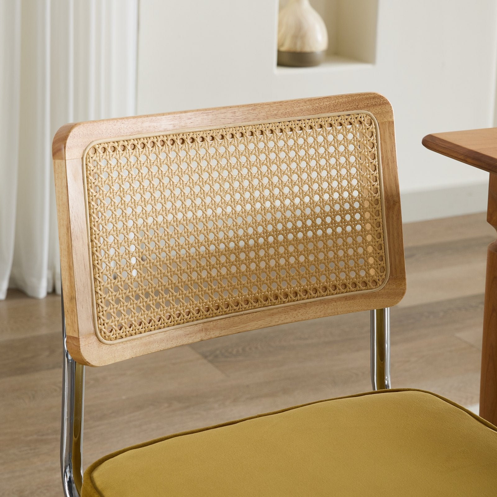 Mid Century Modern Dining Chairs Set of 2, Velvet Accent Chairs with Natural Cane Back & Stainless Chrome Base, Famous Breuer Designed Chairs, Upholstered Rattan Kitchen Chairs,Golden - Grand Goldman Shop