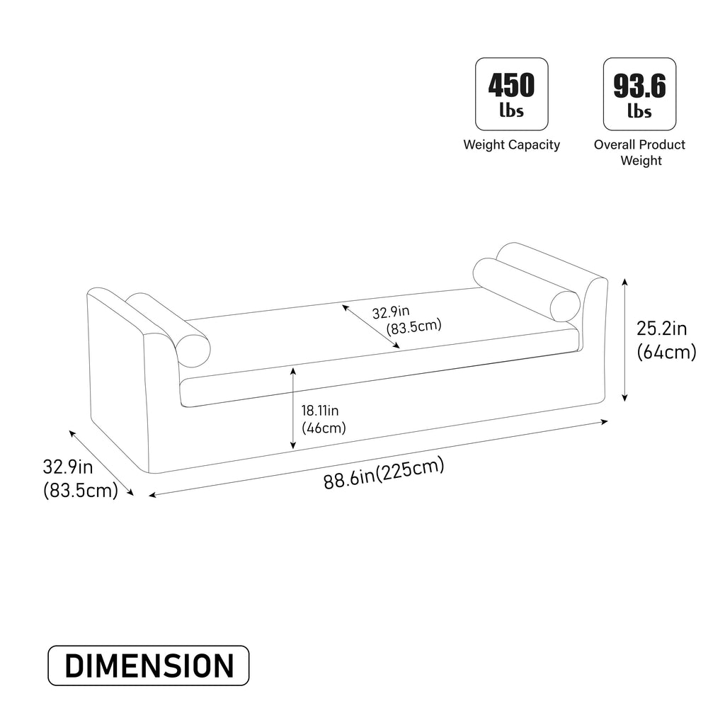88.58' Wide Modern Bench, Bed End Bench with Armrests,Chenille Chaise Lounge Couch with 2 Bolster Pillows, Suitable For Living Rooms, Entryways, Dormitories, And Bedrooms.Beige - Grand Goldman Shop