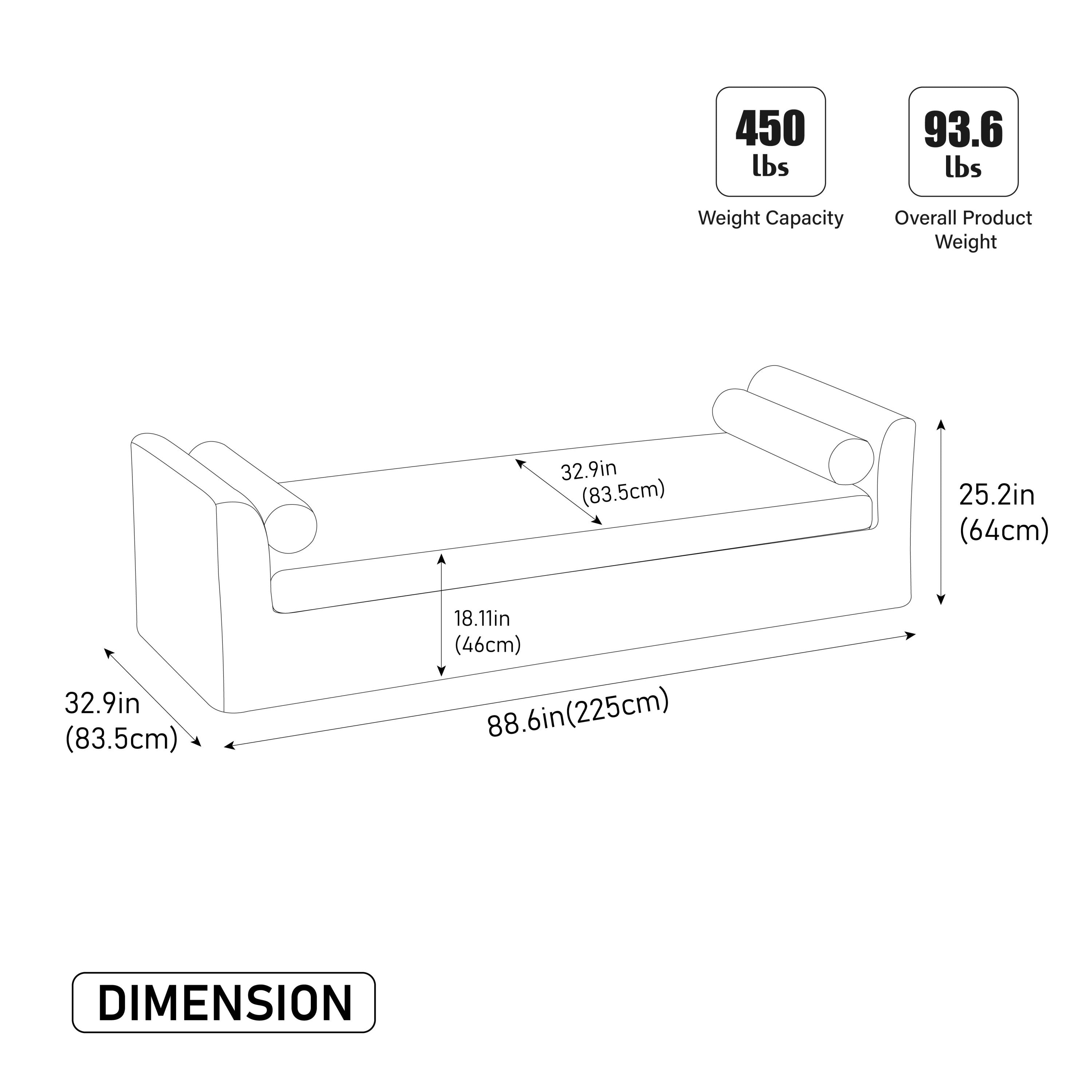 88.58' Wide Modern Bench, Bed End Bench with Armrests,Chenille Chaise Lounge Couch with 2 Bolster Pillows, Suitable For Living Rooms, Entryways, Dormitories, And Bedrooms.Beige - Grand Goldman Shop