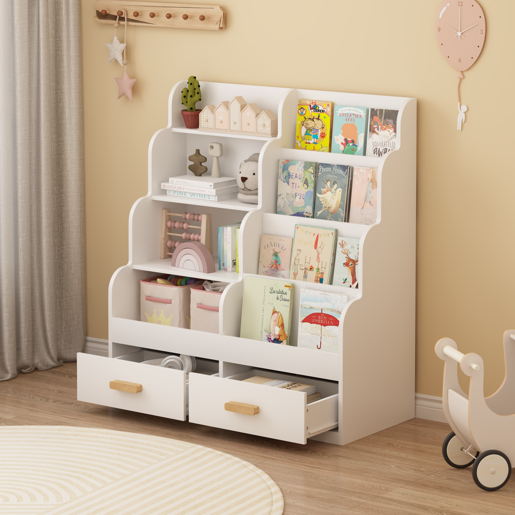 Kids Bookshelf with 2 Storage Drawers, Front-Facing Children's Bookcase and Toy Organizer, Multi-Tier Reading Shelf for Toddl