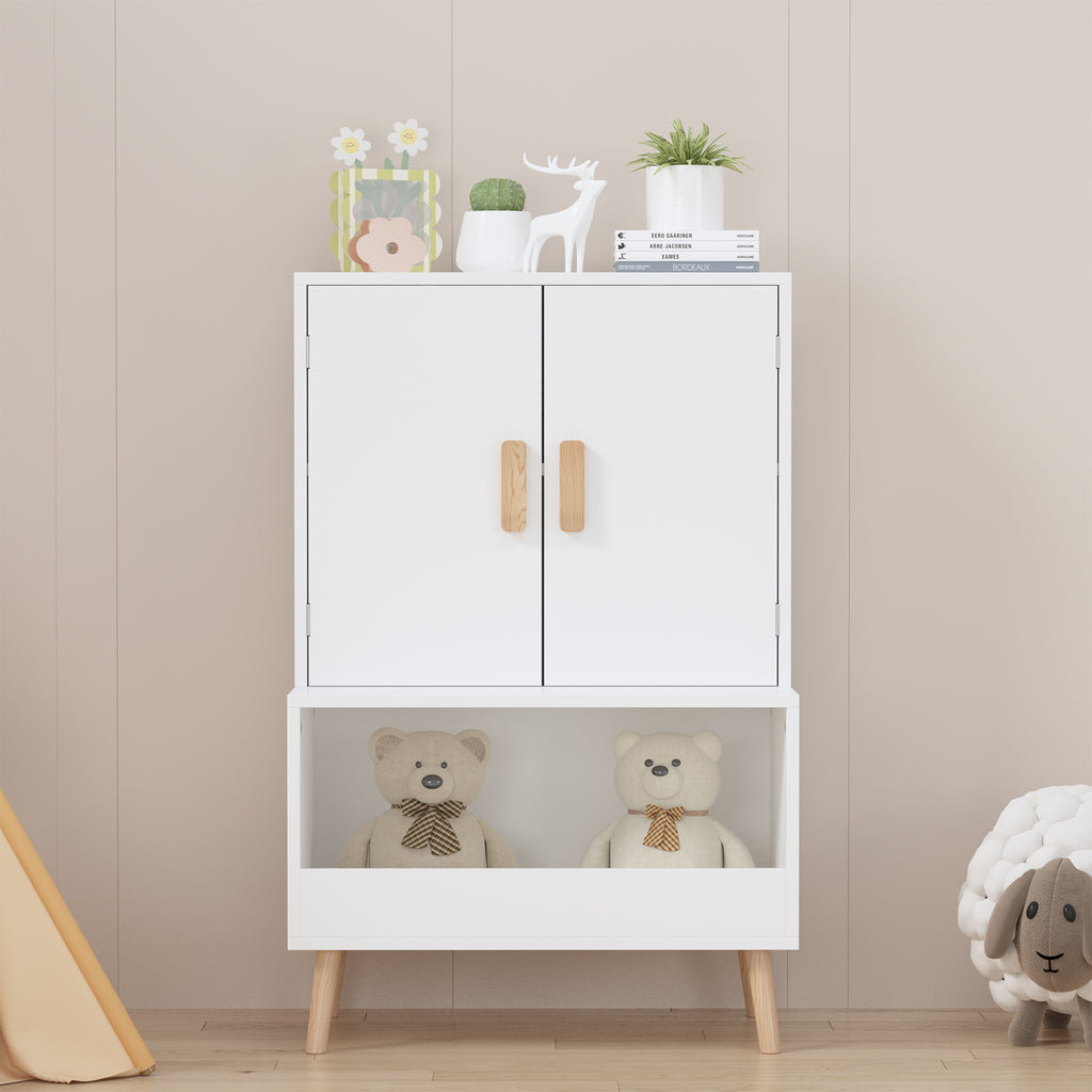 Kids Toy Storage Cabinet with Doors and Open Shelf, White Modern Wooden Organizer with Natural Wood Legs, Toddler Bookshelf f