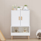 Kids Toy Storage Cabinet with Doors and Open Shelf, White Modern Wooden Organizer with Natural Wood Legs, Toddler Bookshelf f