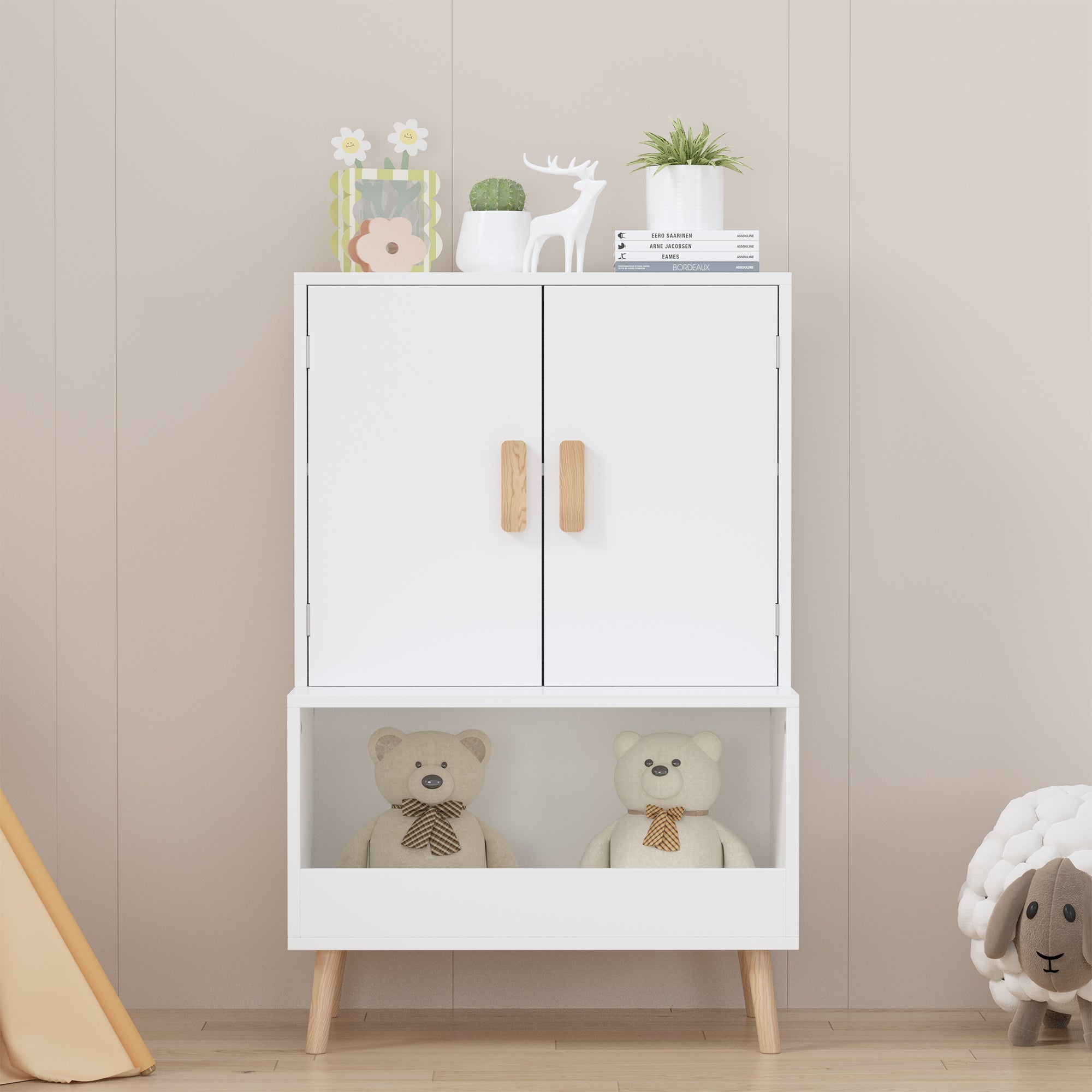 Kids Toy Storage Cabinet with Doors and Open Shelf, White Modern Wooden Organizer with Natural Wood Legs, Toddler Bookshelf f