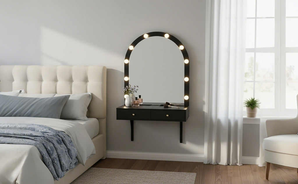 Floating Wall Mounted Makeup Vanity Desk with LED Mirror 3 Color Lights, Compact Dressing Table with Power Outlet & USB Charging, Space Saving Large Storage Vanity for Bedroom Bathroom, Black - Grand Goldman Shop