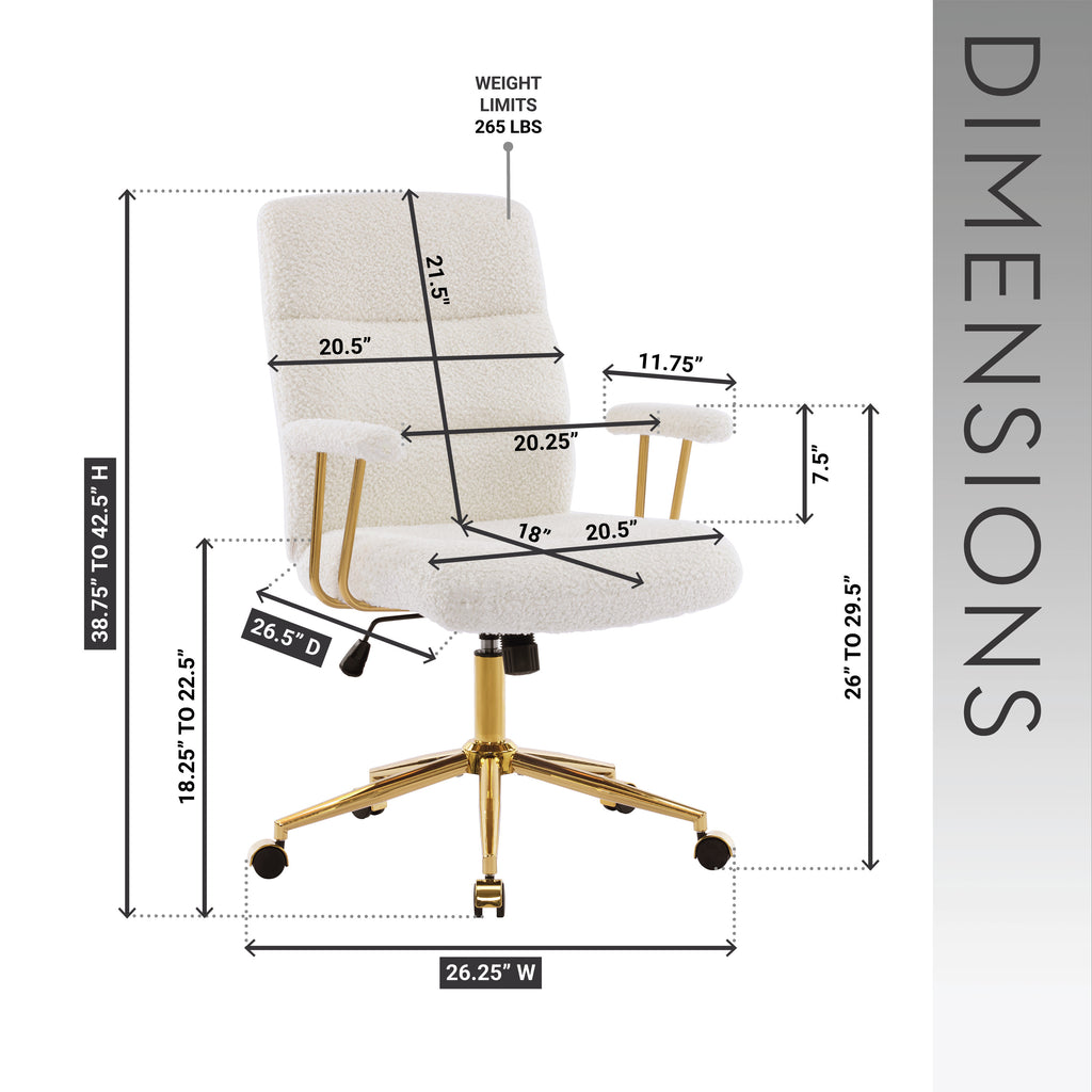 Textured Boucle Fabric White and Gold Office Chair, Modern Height Adjustable Desk Chair with Padded Arms - Grand Goldman