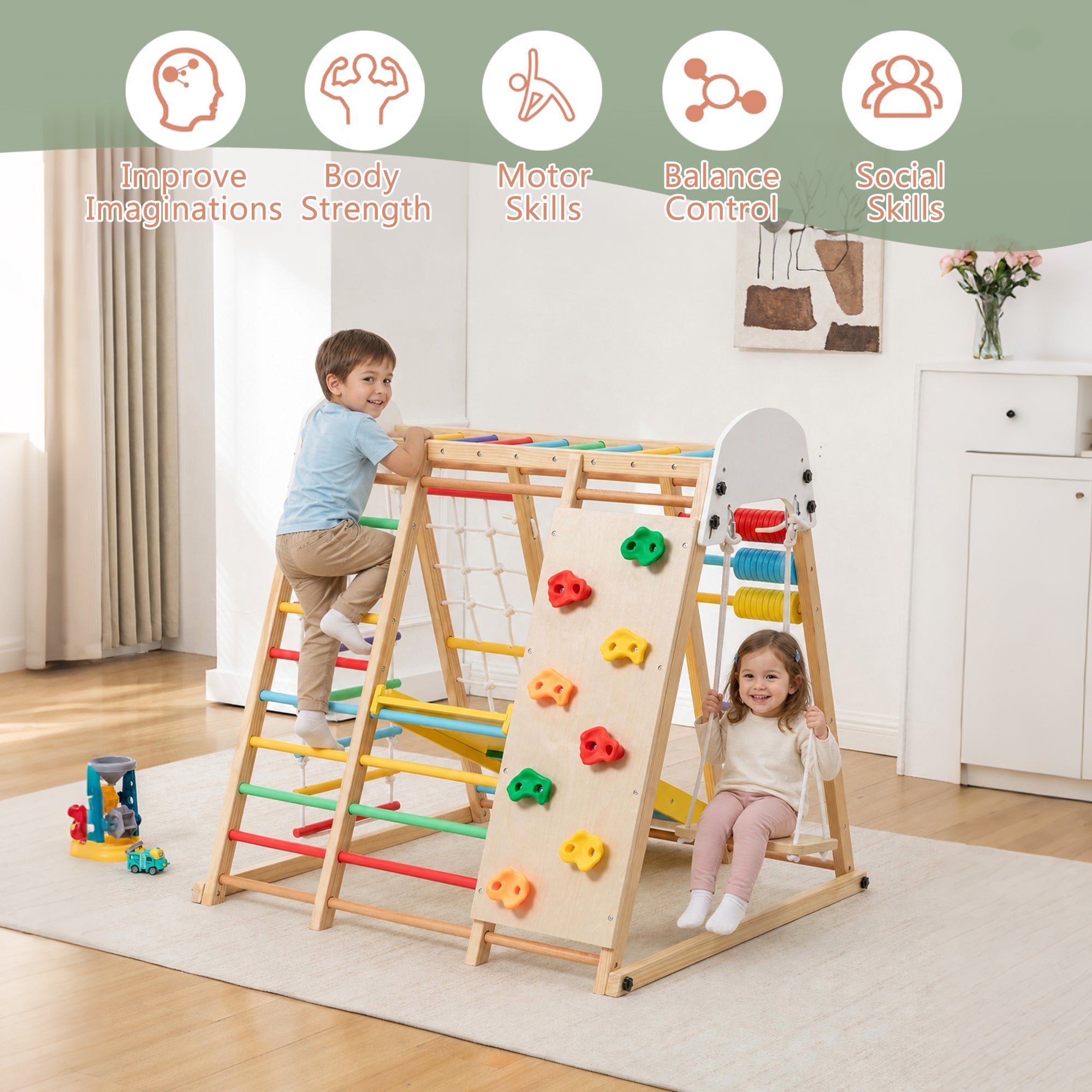 9-in-1 Foldable Kids Climbing Frame & Slide, Wooden Toddler Playground with Swing, Monkey Bars, Climbing Rock, Abacus Game – 