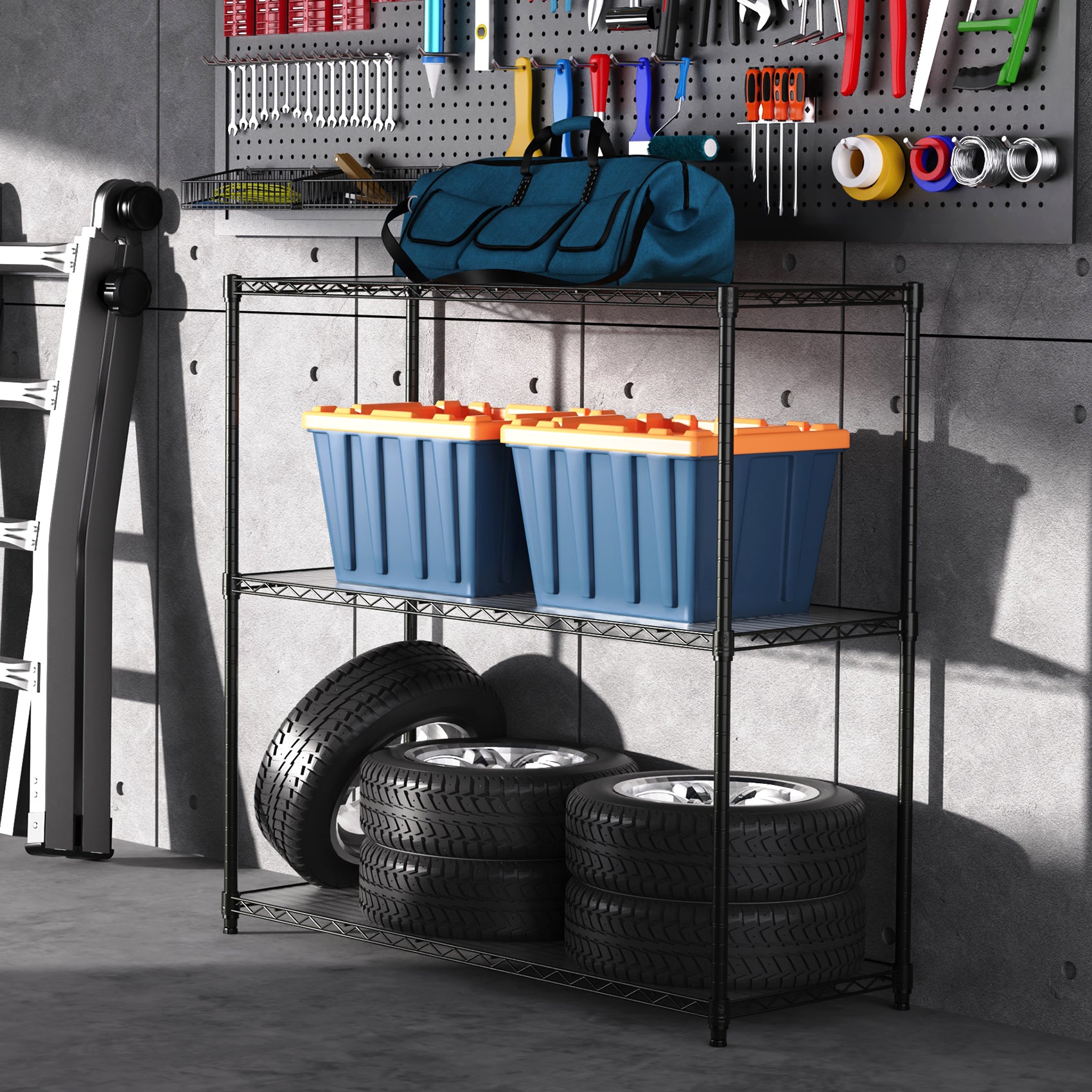 3 Tier Wire Shelving Unit, 1050 LBS NSF Height Adjustable Metal Garage Storage Shelves, Heavy Duty Storage Wire Rack Metal Shelves - Black - Grand Goldman Shop