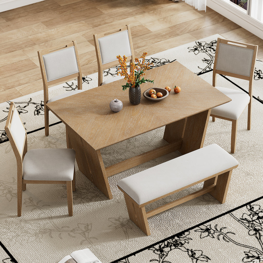 TREXM 6-Piece Retro Dining Table Set for 6, 60' Wood Kitchen Table and Chairs Set of 4 with Bench Designed Trestle Base for kitchen & Dining Room (Natural Wood Wash) - Grand Goldman Shop