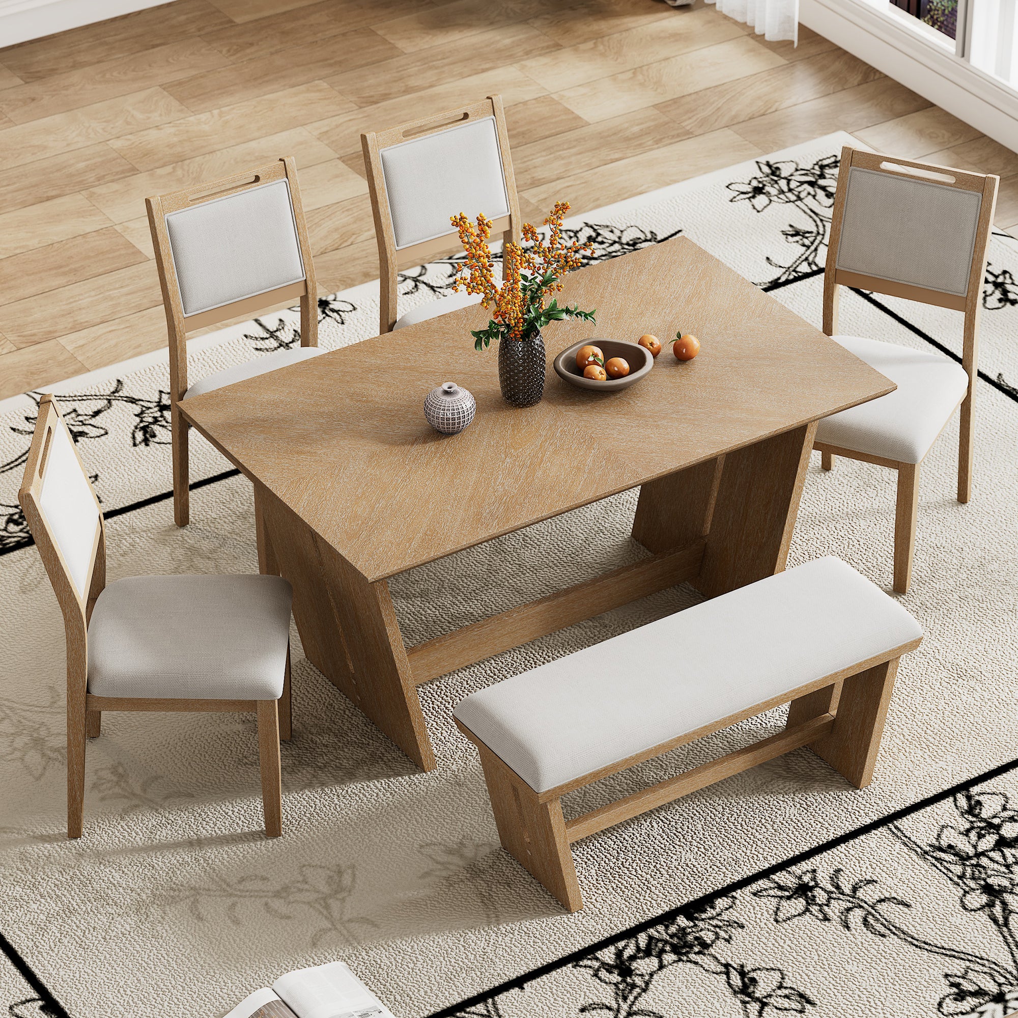 TREXM 6-Piece Retro Dining Table Set for 6, 60' Wood Kitchen Table and Chairs Set of 4 with Bench Designed Trestle Base for kitchen & Dining Room (Natural Wood Wash) - Grand Goldman Shop