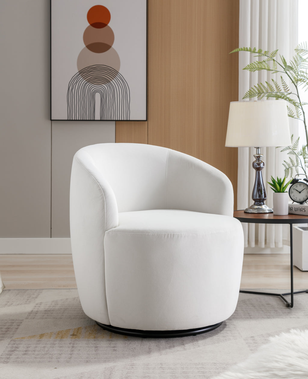 Velvet Fabric Swivel Accent Armchair Barrel Chair With Black Powder Coating Metal Ring,White - Grand Goldman Shop