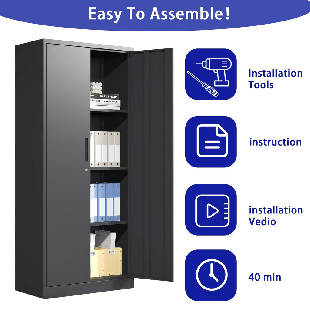 Heavy Metal Garage Storage Cabinet, Black Tool Steel Locking Cabinet with Doors and 3 Adjustable Shelves, 71 Inch Tall - Gran