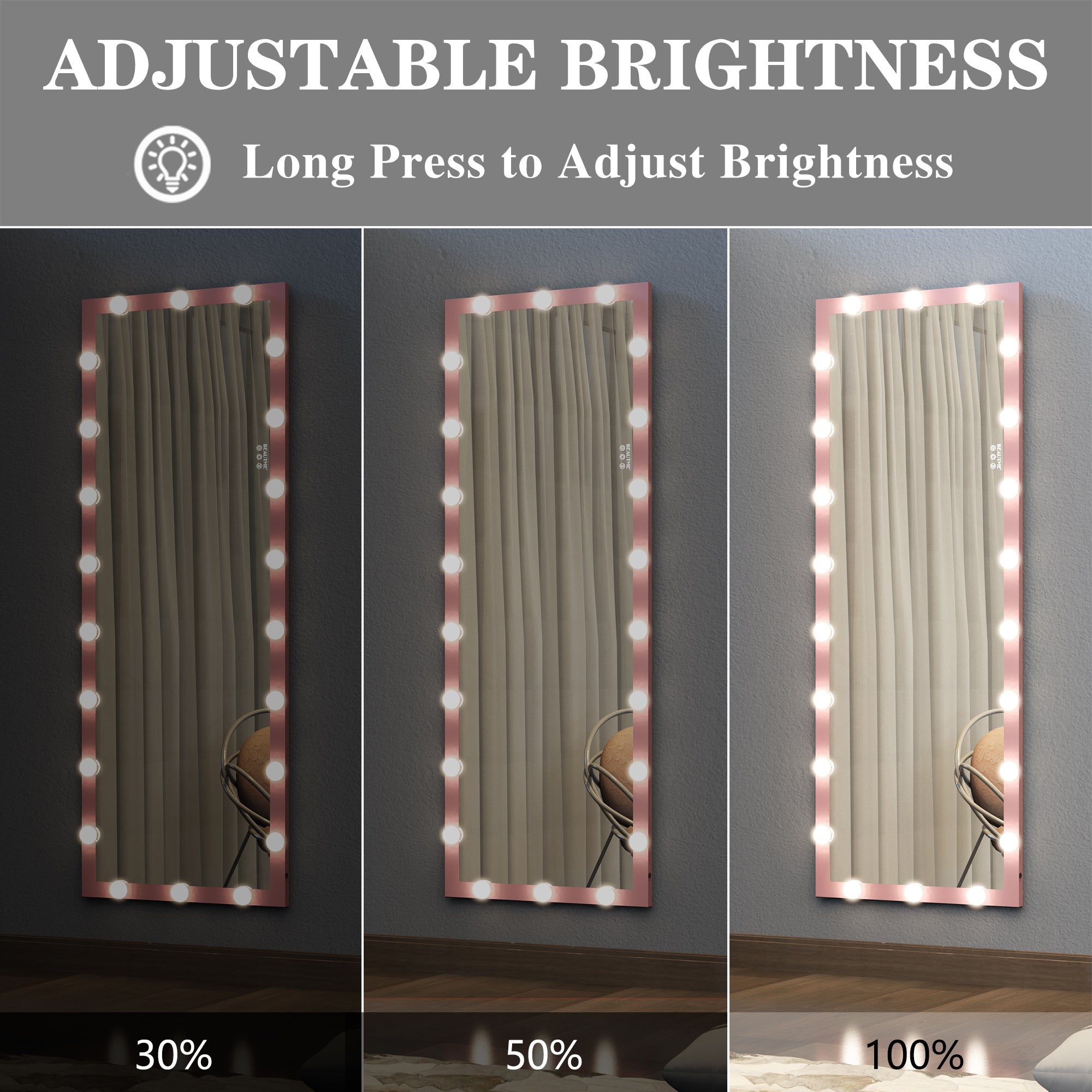 Hollywood Style Full Length Mirror with Lights, 3 Color Modes, Pink Aluminium, 62.6'x23.3' - Grand Goldman Shop