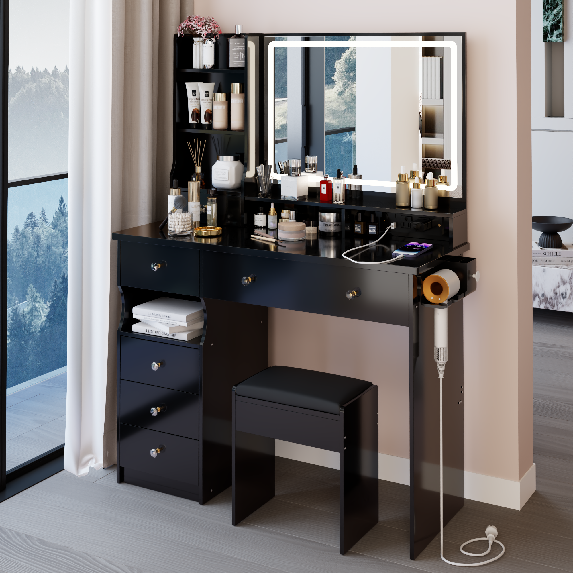 41' Large Size Left Drawer Desktop Vanity Table+Cushioned Stool Dresser Set, 2 AC+2 USB Power Station, Hair Dryer Stand, Extra Large Touch Control LED Mirror, 3-color Switch, EPA, GCC, UL Certificate - Grand Goldman Shop