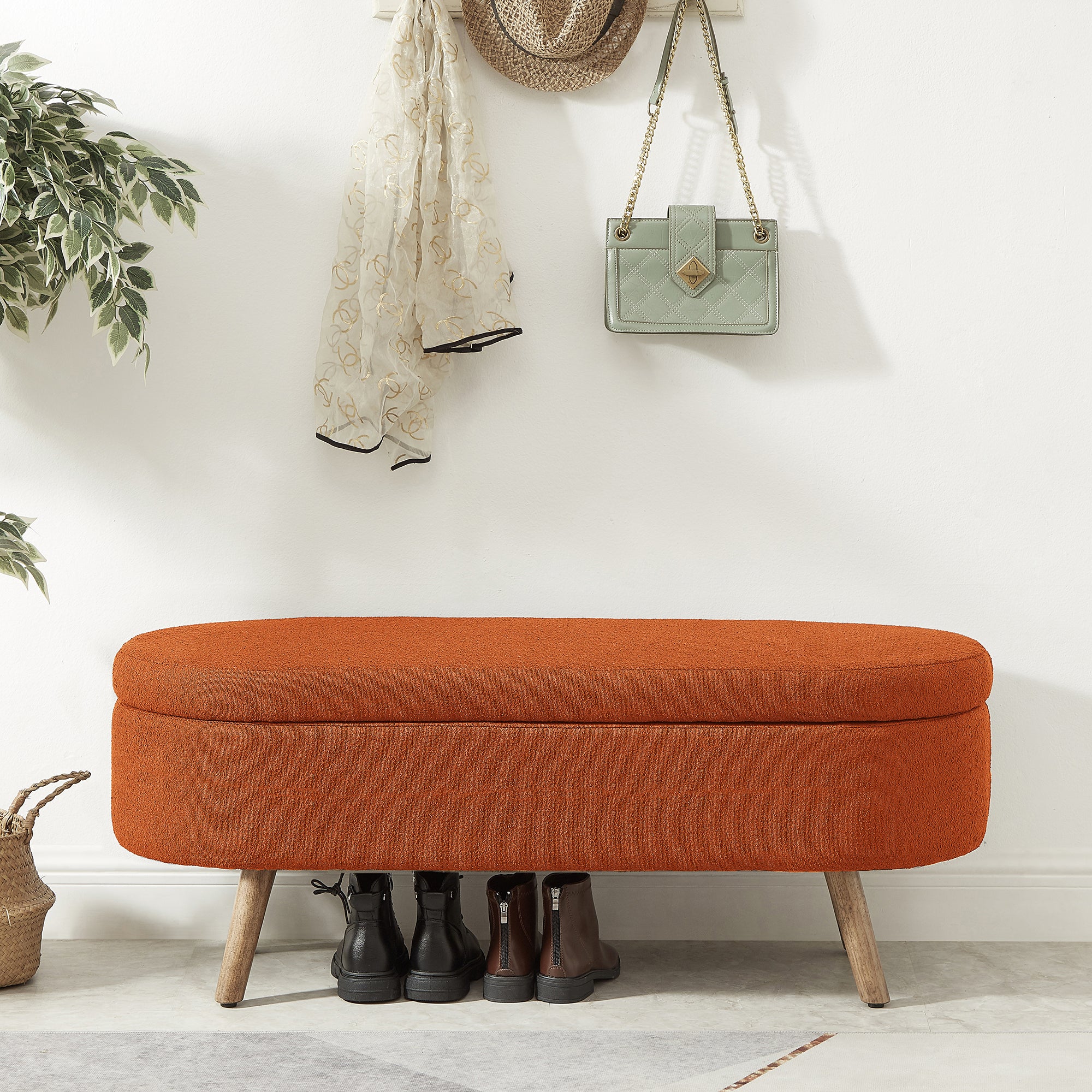 Luxury Oval Boucle Storage Ottoman Bench with Wood Legs 350lb Weight Capacity & Safety Hinge, for Living Room, Bedroom Entryway,ORANGE - Grand Goldman Shop