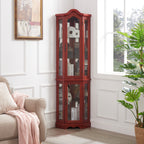 Curio Cabinet Lighted Glass Display Curio Cabinet w/Tempered Glass Doors and Shelves, Crown Corner Cabinet with Bulb, Corner Storage Decoration for Living room and Bedroom Cherry - Grand Goldman Shop