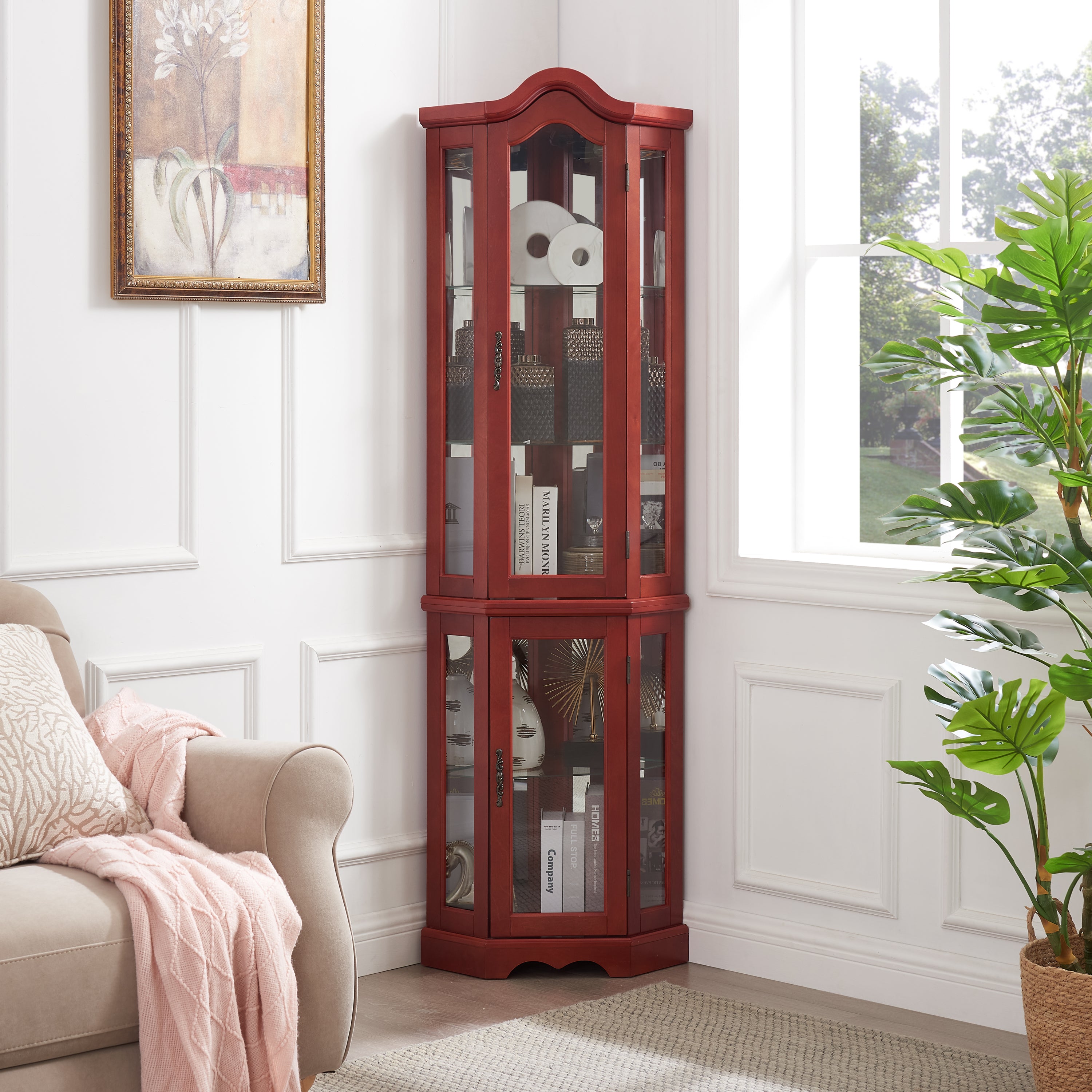 Curio Cabinet Lighted Glass Display Curio Cabinet w/Tempered Glass Doors and Shelves, Crown Corner Cabinet with Bulb, Corner Storage Decoration for Living room and Bedroom Cherry - Grand Goldman Shop