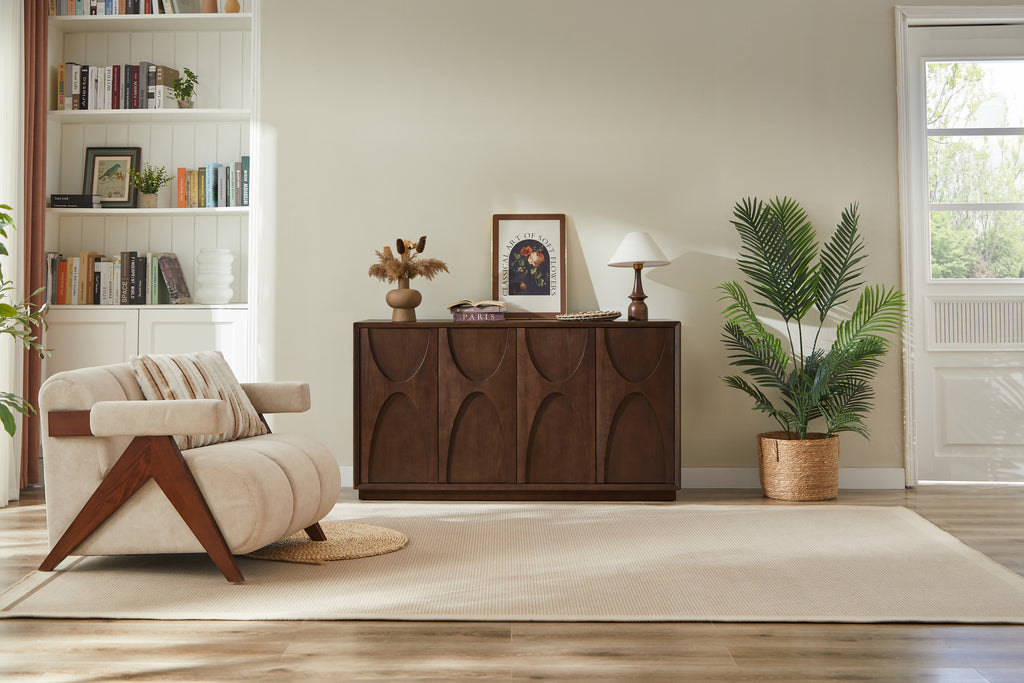 4 Door Accent Cabinet with Solid Wood Carved Doors, Adjustable Shelves, Push to Open Storage Cabinet with Cable Management, Ash Veneer Sideboard for Living Room, - Grand Goldman Shop