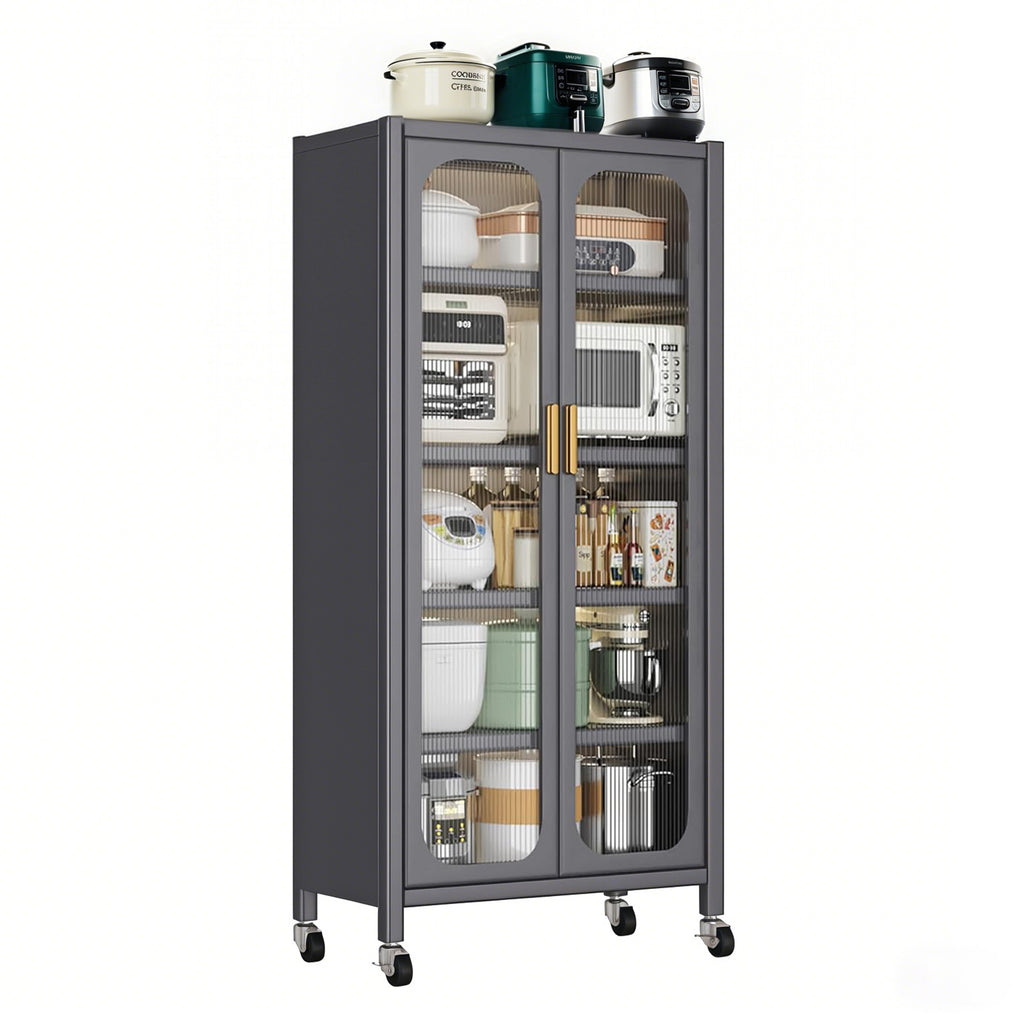 65'  Metal 6-Tier Storage Cabinet with Transparent Door, Adjustable Shelves & Wheels, for Kitchen Pantry Organization, Gray Metal - Grand Goldman Shop