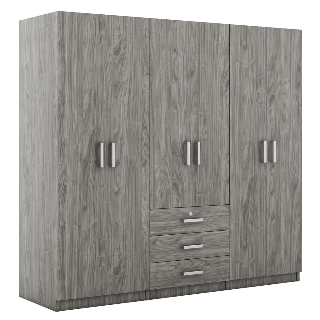 6-Doors Wooden Wardrobe Storage for Bedroom, with Big Drawers, Gray - Grand Goldman Shop