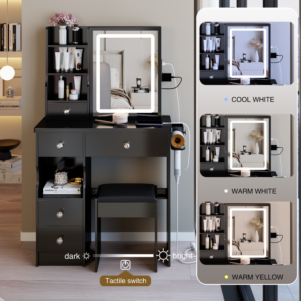 29.2' Small Size Left Drawer Desktop Vanity Table + Cushioned Stool, 2 AC+2 USB Power Station, Hair dryer bracket, Extra Large Touch Control Sliding LED Mirror, Tri-color Switching, Brightness Adjust - Grand Goldman Shop