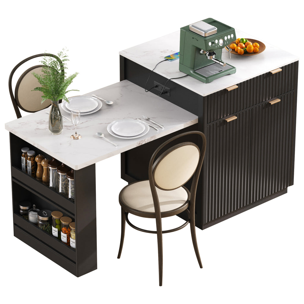 K&K 82.6' Fluted Kitchen Island with Extendable Dining Table for 4-6, Island Table for Kitchen with Power Outlet, Kitchen Table with Double-Side Storage, 2 Drawers 2 Side Open Shelves, Black - Grand Goldman Shop