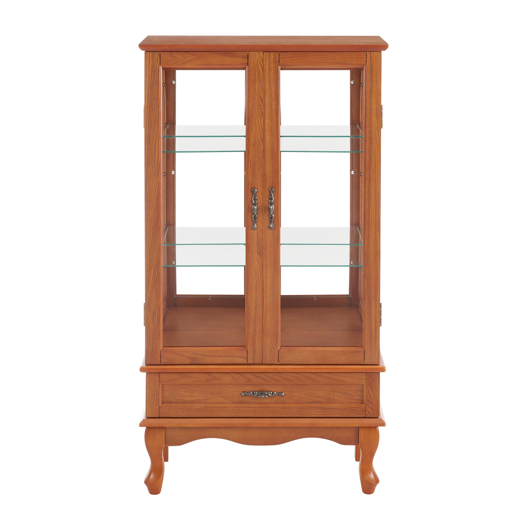 Lighted Glass Cabinet Glass Wine Cabinet Curio Display Cabinet with Adjustable Glass Shelves 2 Doors and 1 drawer Cabinet Bulb Included OAK - Grand Goldman Shop