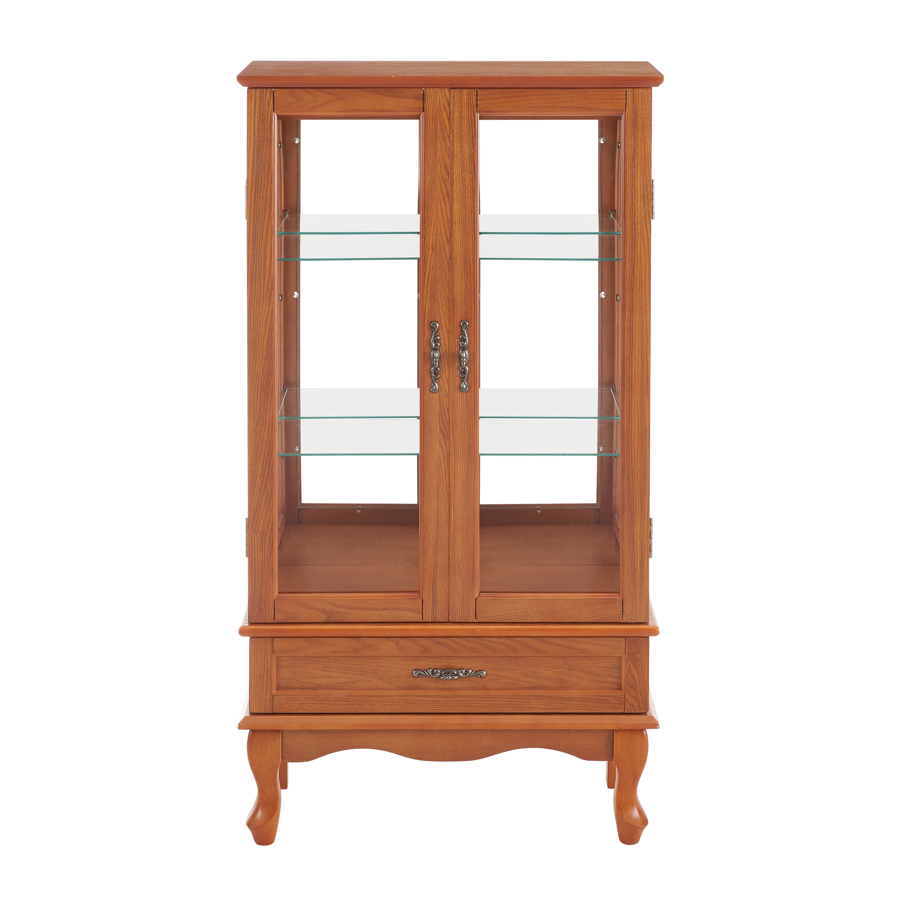 Lighted Glass Cabinet Glass Wine Cabinet Curio Display Cabinet with Adjustable Glass Shelves 2 Doors and 1 drawer Cabinet Bulb Included OAK - Grand Goldman Shop