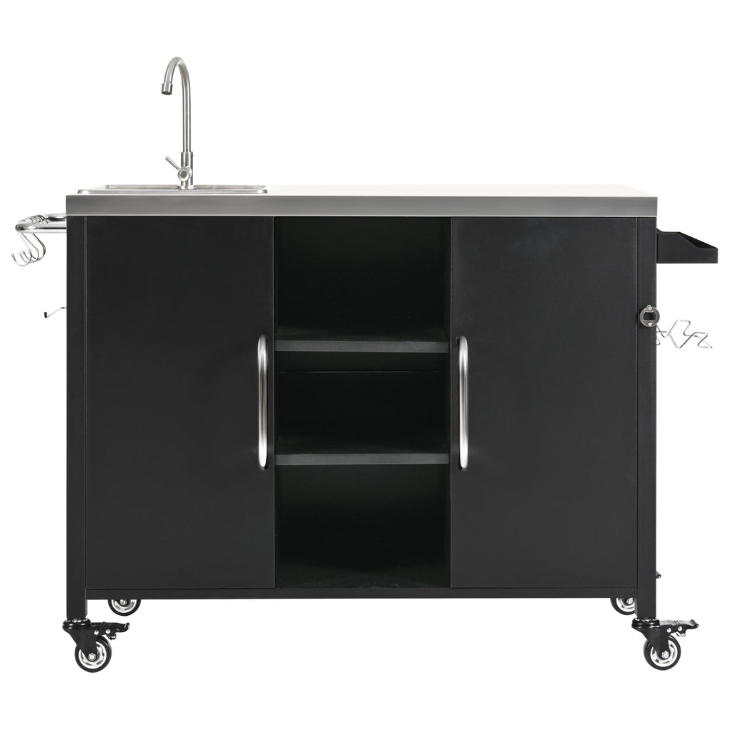 K&K 55.5' Outdoor Kitchen Island with Sink, Metal Grill Cart Table with 304 Stainless Steel Sink, Outdoor Bar Cart Sink Station with 4 Lockable Wheels for Pizza Prep & BBQ, L 55.5' x W 20' H 36.7' - Grand Goldman Shop