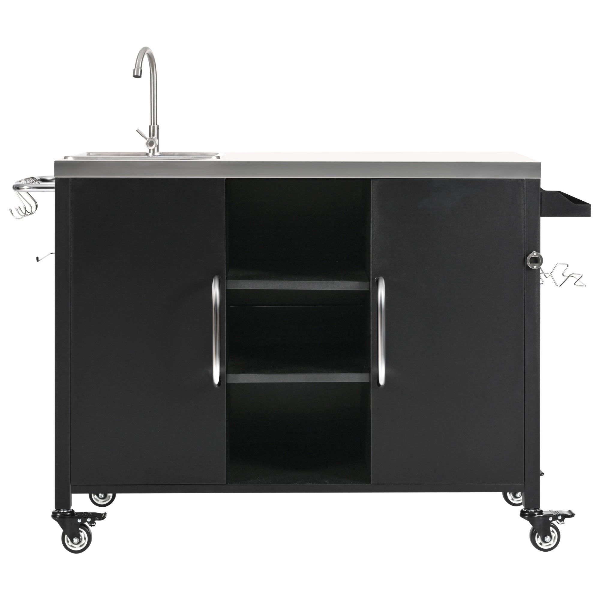 K&K 55.5' Outdoor Kitchen Island with Sink, Metal Grill Cart Table with 304 Stainless Steel Sink, Outdoor Bar Cart Sink Station with 4 Lockable Wheels for Pizza Prep & BBQ, L 55.5' x W 20' H 36.7' - Grand Goldman Shop