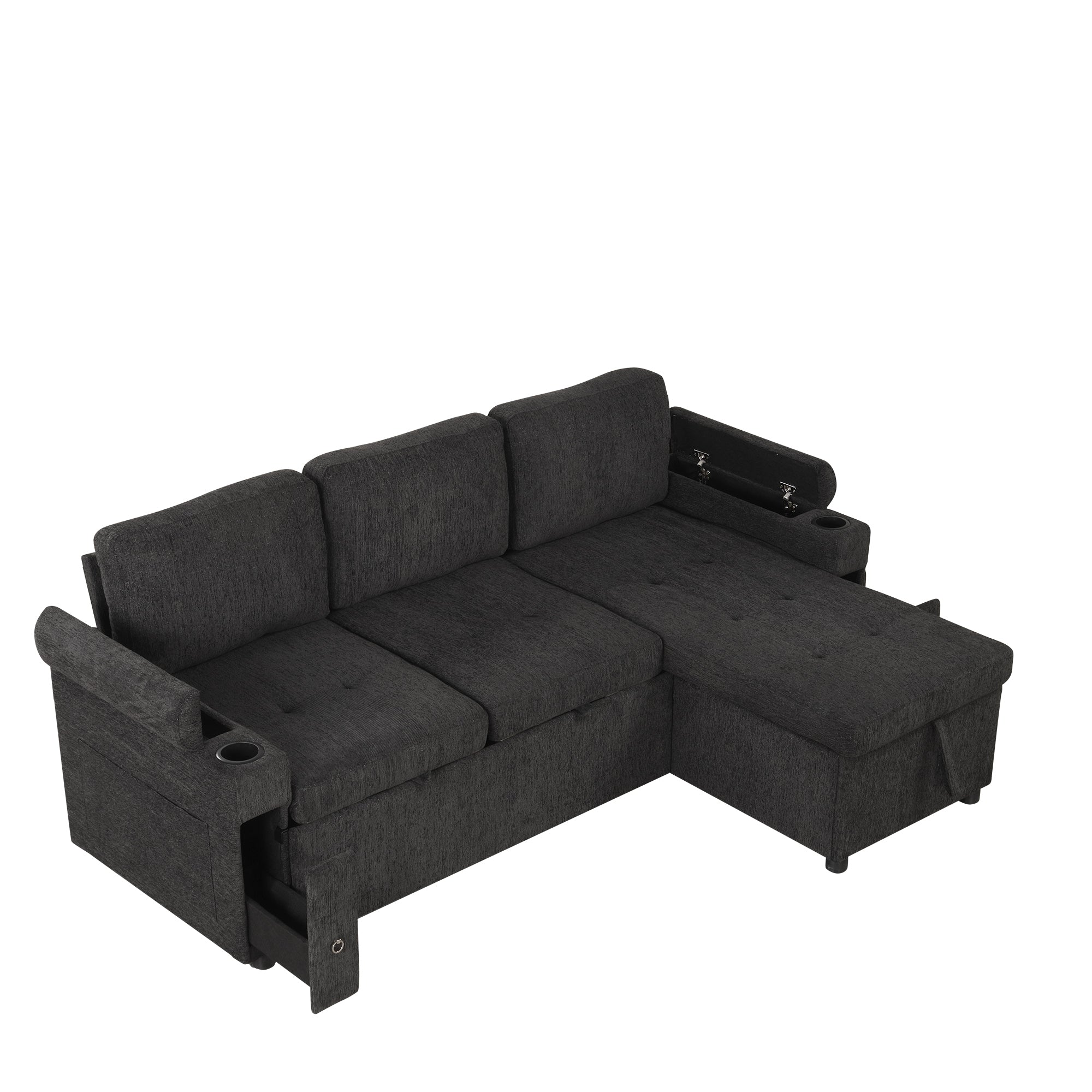 Black Convertible L-shaped Sofa Couch with Storage, Cup Holders, USB Ports, Chenille Fabric, 83.5' - Grand Goldman Shop