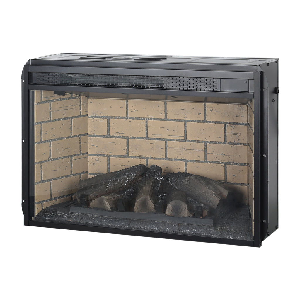 26 Inch Infrared Quartz Heater Fireplace Insert - Woodlog Version with Brick Background, Antique Black, Tempered Glass and Sheet Metal - Grand Goldman Shop