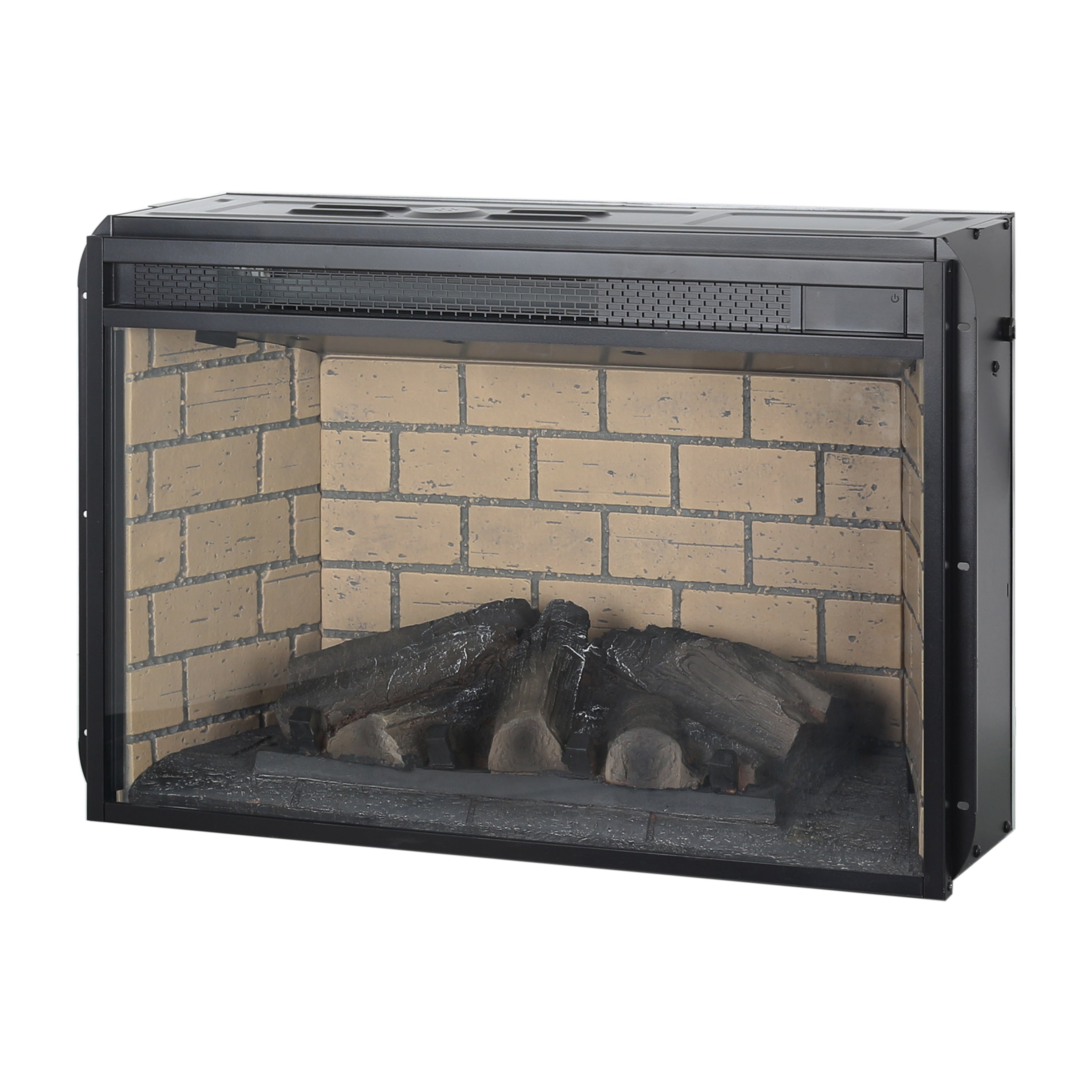 26 Inch Infrared Quartz Heater Fireplace Insert - Woodlog Version with Brick Background, Antique Black, Tempered Glass and Sheet Metal - Grand Goldman Shop