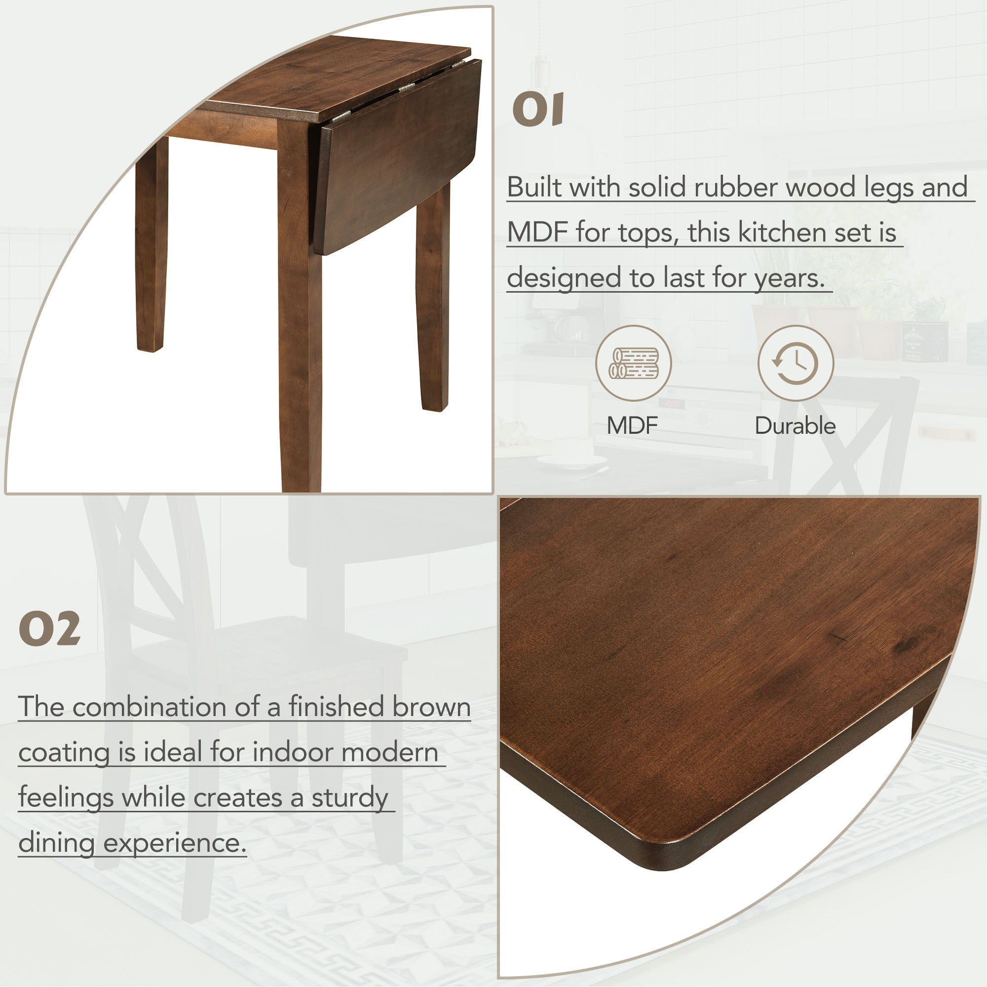 TOPMAX 3-Piece Wood Drop Leaf Breakfast Nook Dining Table Set with 2 X-back Chairs for Small Places, Walnut(old sku:SP0000164AAD) - Grand Goldman Shop