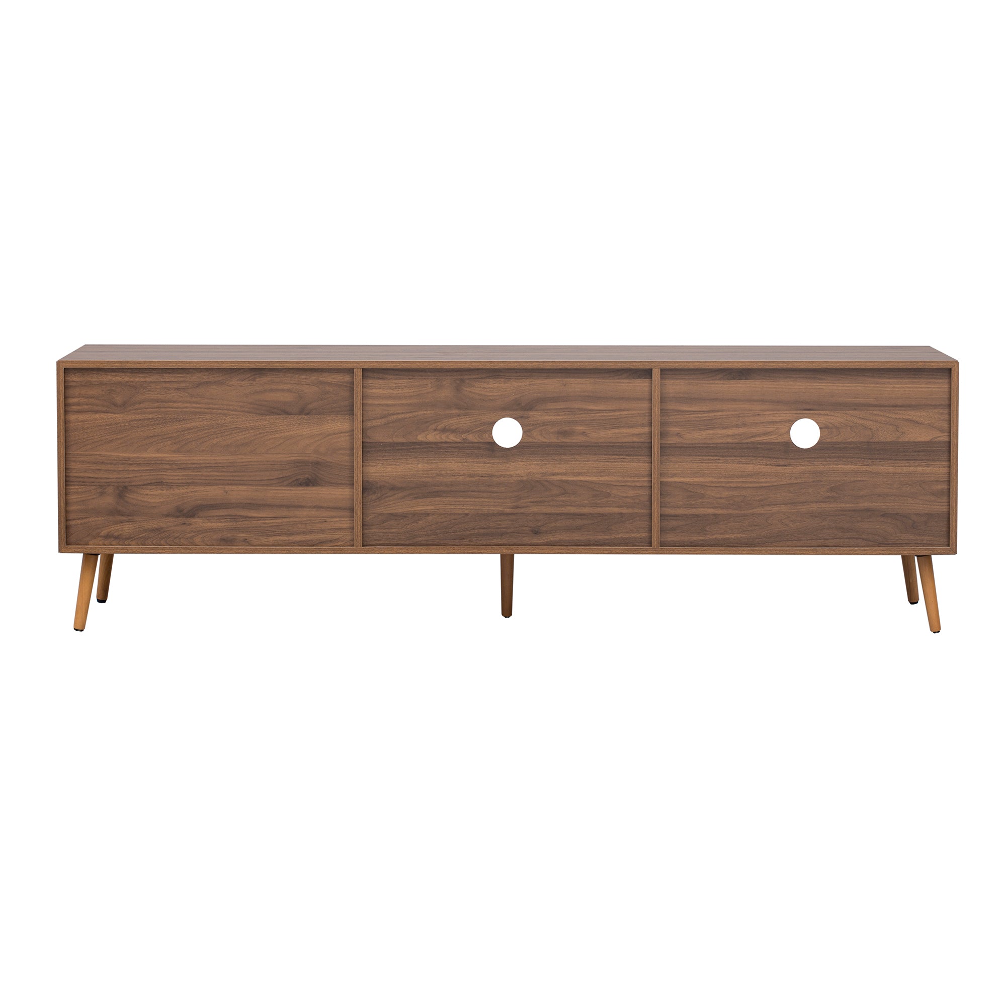 Modern Walnut TV Stand for 75+ TV, 70' Media Console with 2 Glass Doors, 2 Drawers & Storage Cabinet, MDF and Solid Wood Construction - Grand Goldman Shop