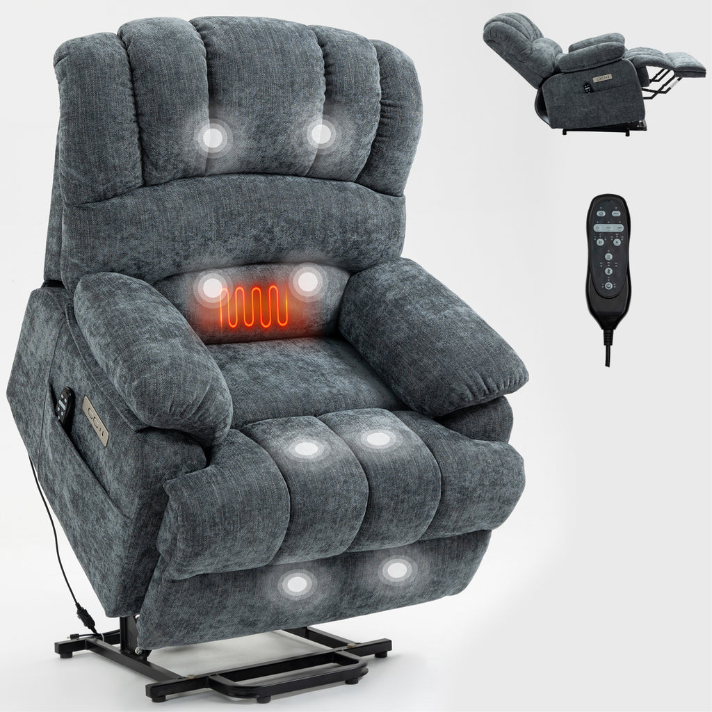 23' Seat Width and High Back Large Size Blue Grey Chenille Power Lift Recliner Chair with 8-Point Vibration Massage and Lumbar Heating - Grand Goldman Shop