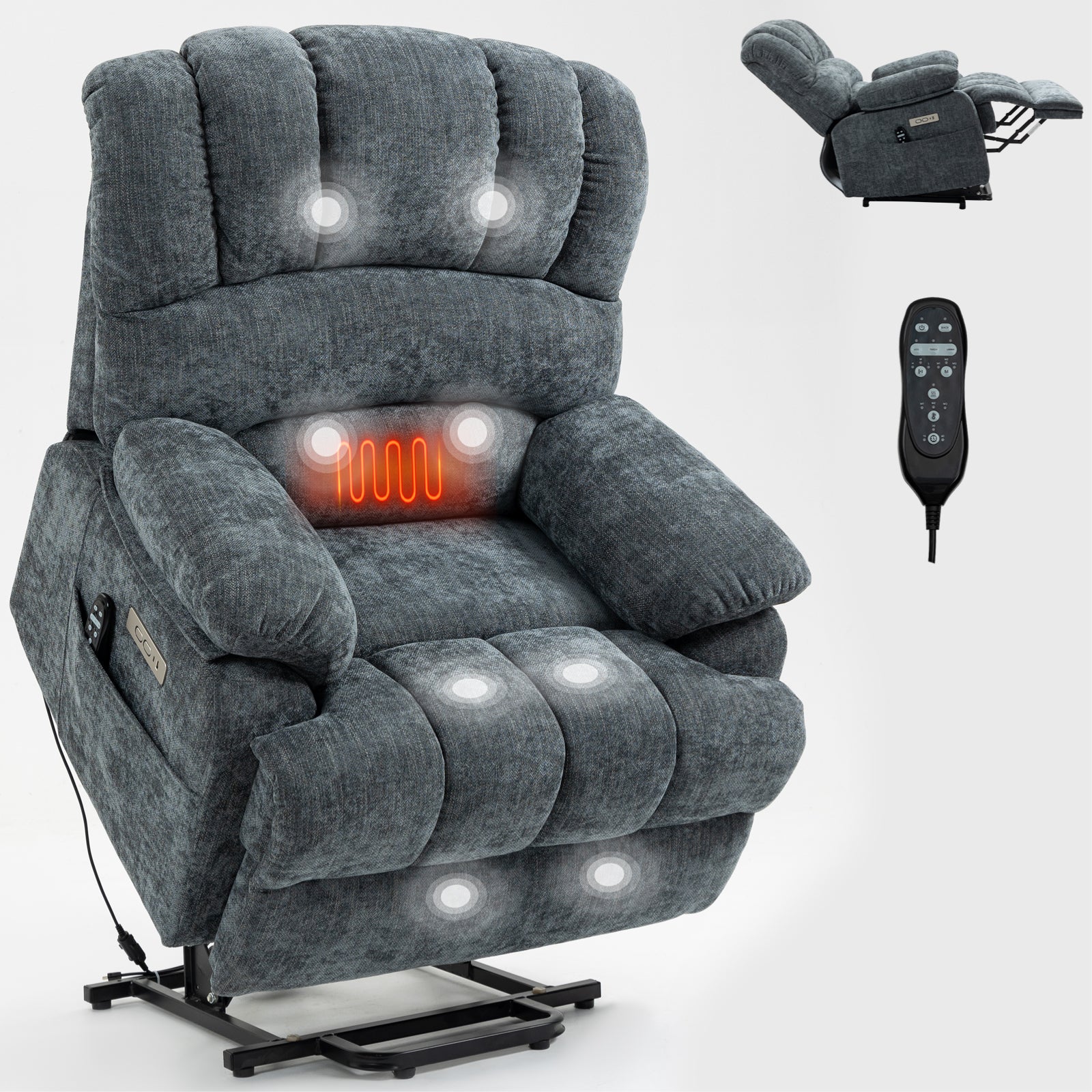 23' Seat Width and High Back Large Size Blue Grey Chenille Power Lift Recliner Chair with 8-Point Vibration Massage and Lumbar Heating - Grand Goldman Shop