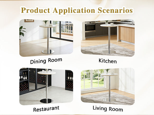 Rock slab circular tabletop non adjustable (39 inches high) bar table, bar table with silver legs and base (white) - Grand Goldman Shop