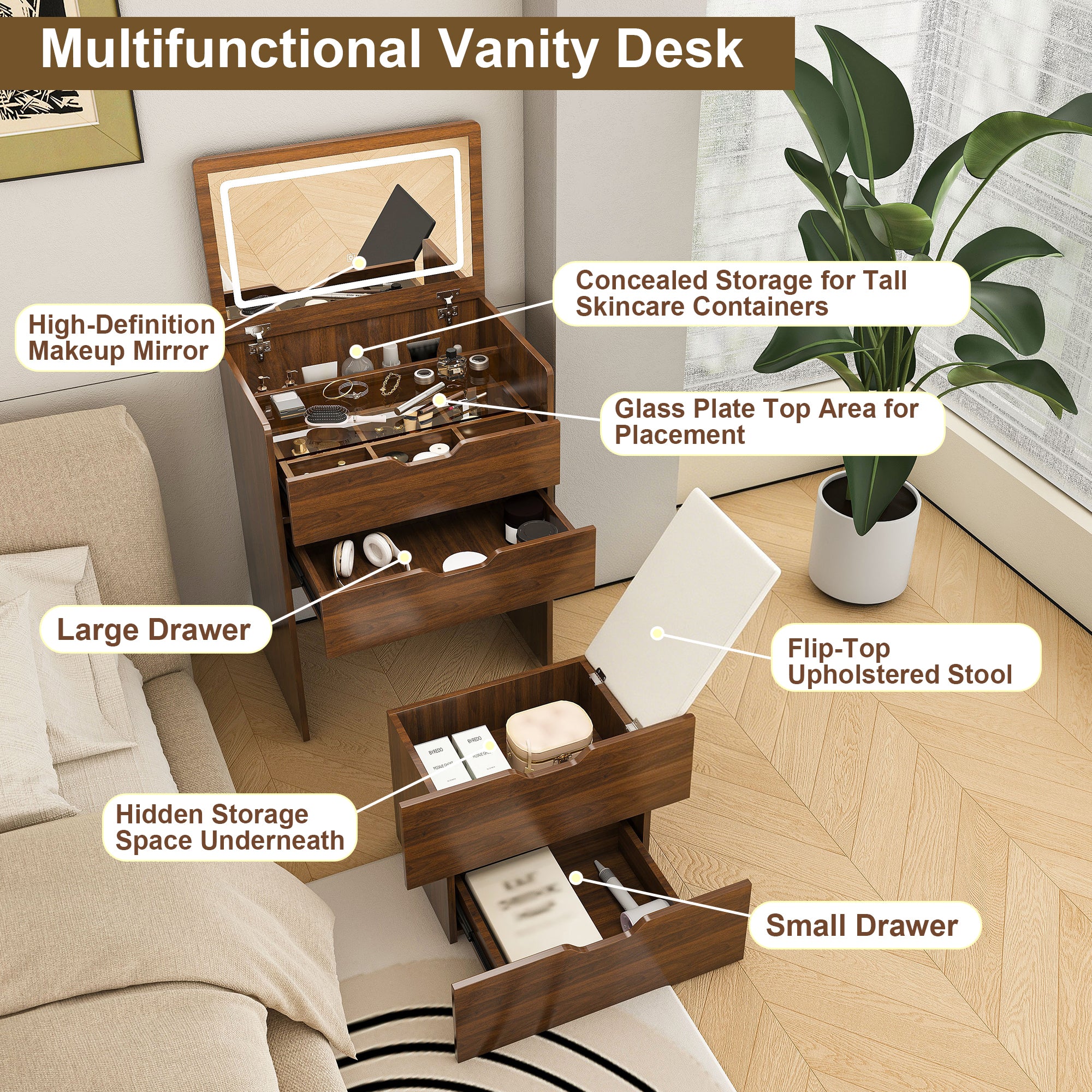 3-in-1 Vanity Desk with Flip Top Lighted Mirror & Storage Stool, Compact Makeup Dressing Table in Walnut Finish, 23.62L - Grand Goldman Shop