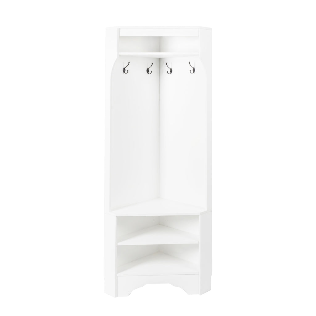 Minimalist Corner Hall Tree with Shoe Bench, Versatile Entryway Coat Rack with 4 Hooks, Corner Cabinet with Adjustable Shelf for Hallway, Living Room, White, 29.5''W*71.6''H (OLD SKU: N721P189665K) - Grand Goldman Shop