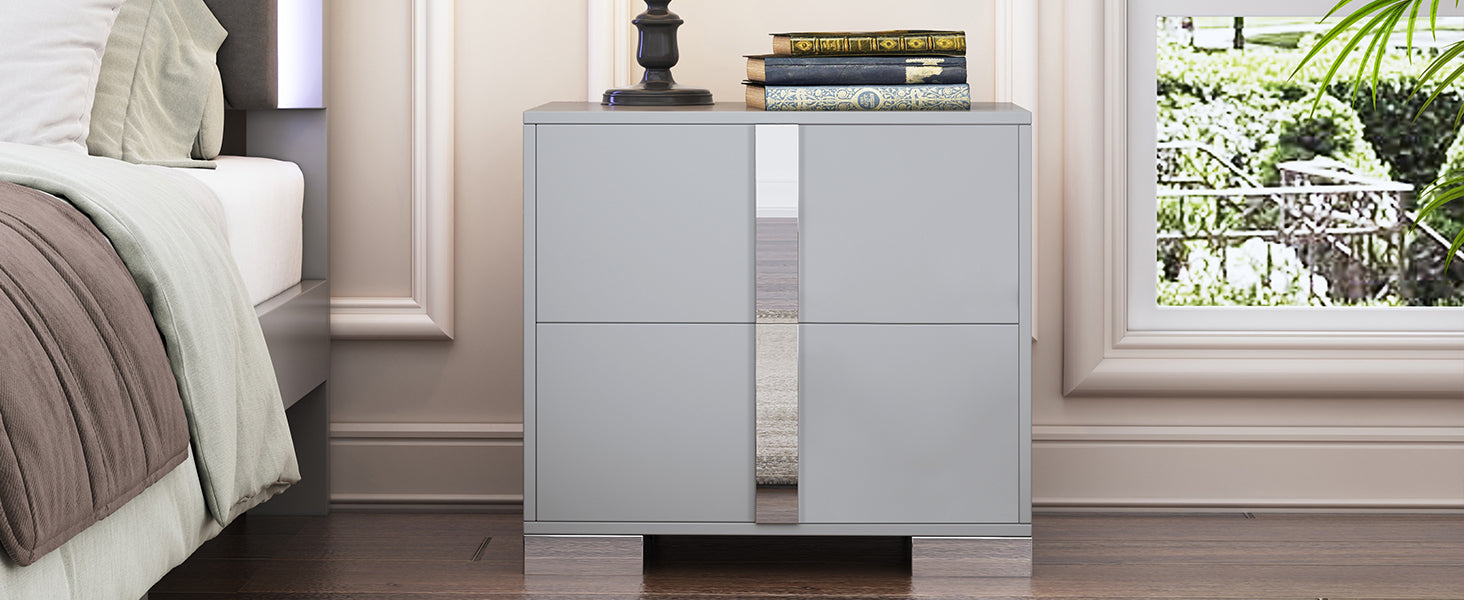 Elegant Nightstand with Metal Foot, Mirrored Bedside Table with 2 Drawers for Bedroom, Living Room, Gray (Old SKU: WF319353AAE) - Grand Goldman Shop