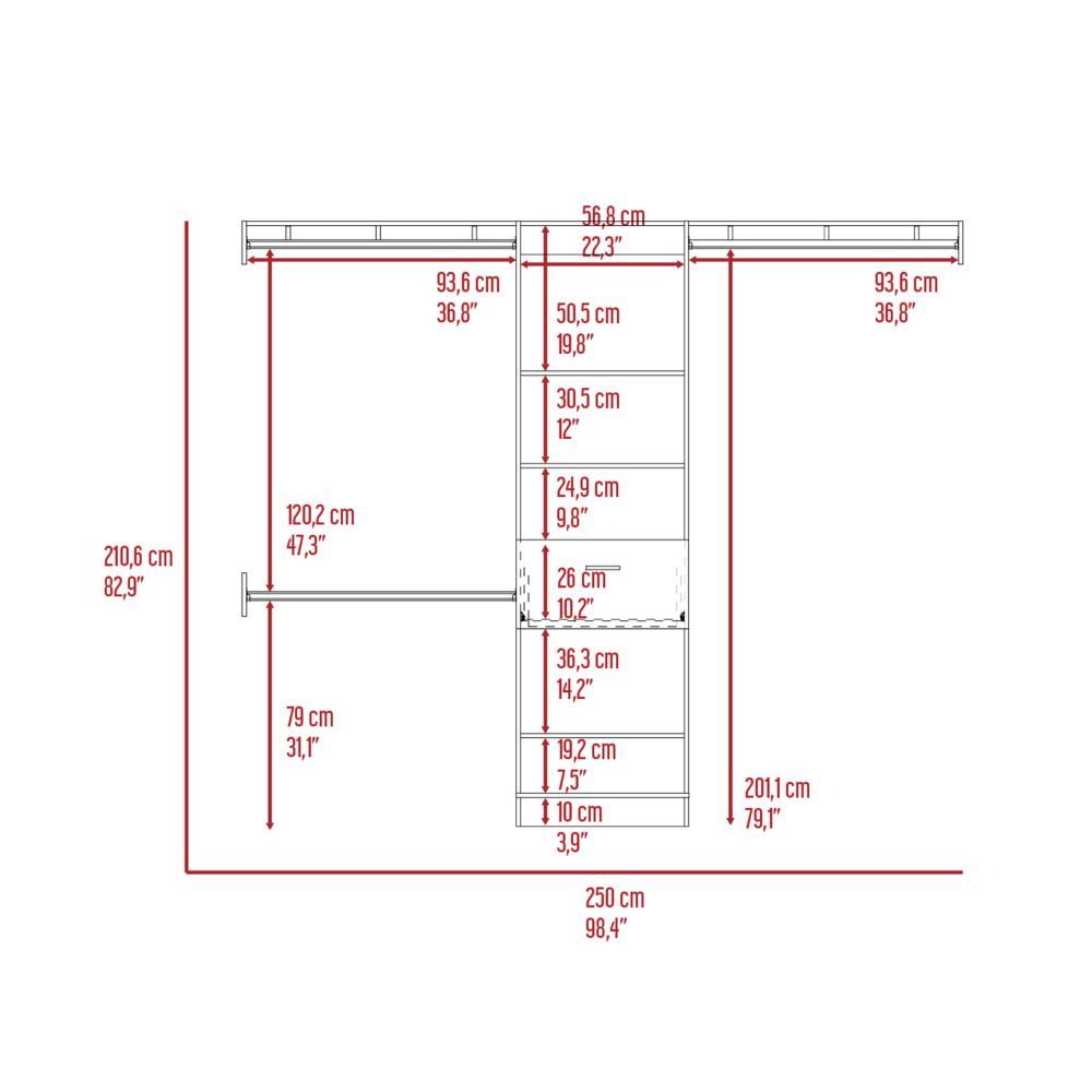 Manchester 250 Closet System, Five Open Shelves, One Drawer, Three Metal Rods -Dark Walnut - Grand Goldman Shop