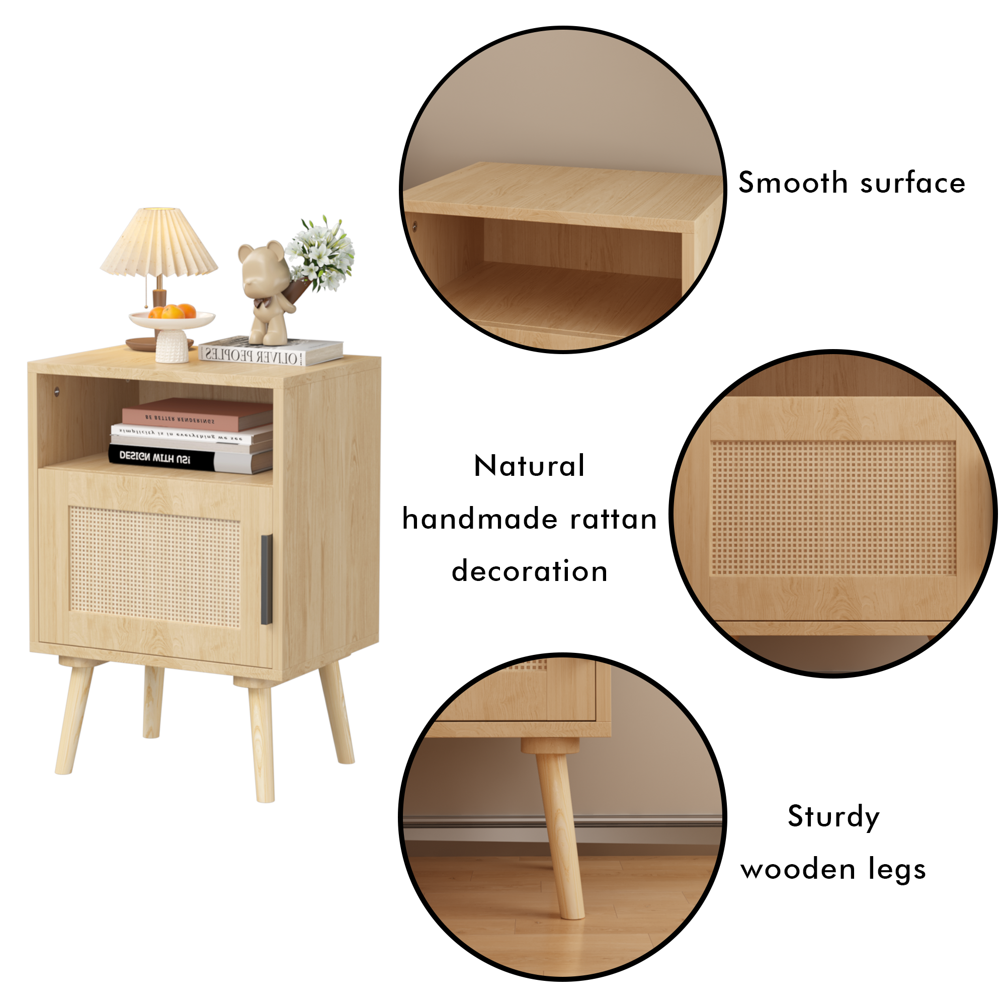 Oak Finish Rattan Nightstand with Solid Wood Legs, 22.83'' H Side Table with Door and Open Shelf for Bedroom, Dorm, and Small Spaces - Grand Goldman Shop