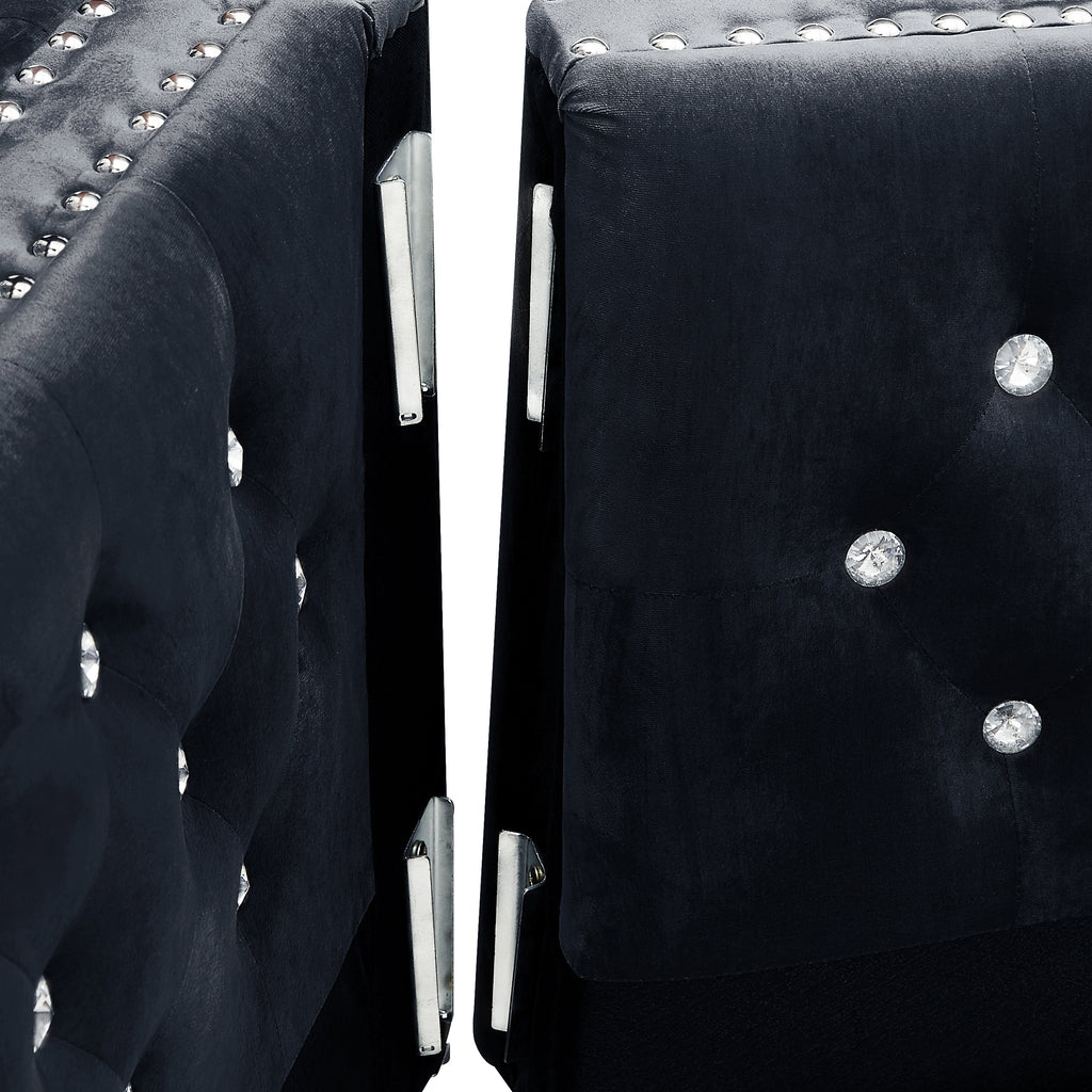 59.4 Inch Wide Black Velvet Sofa with Jeweled buttons,Square Arm ,2 Pillows - Grand Goldman Shop