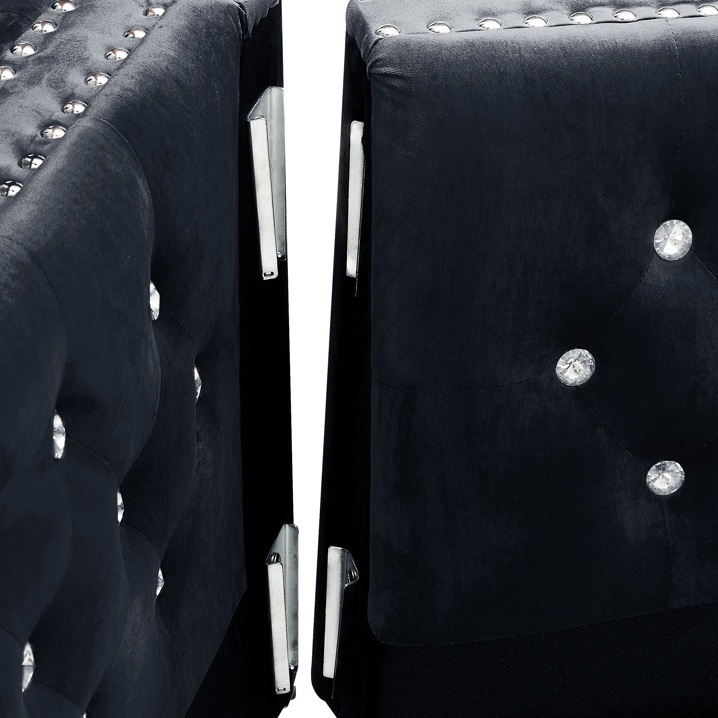 59.4 Inch Wide Black Velvet Sofa with Jeweled buttons,Square Arm ,2 Pillows - Grand Goldman Shop