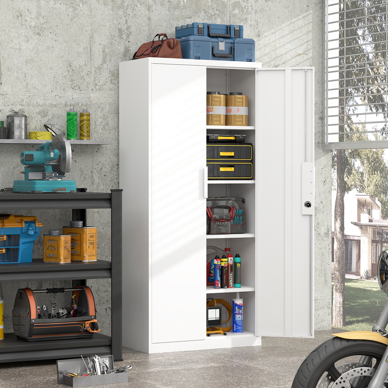 70-Inch Two-Door File Cabinet with Lock, 4 Adjustable Shelves, Heavy-Duty Steel, White Finish for Office Storage | Premium Ho