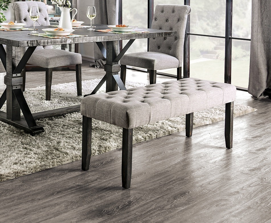 Classic Light Gray Color 1PC BENCH Button Tufted Linen Like Fabric Solid wood Chair Upholstered Seat Breakfast Rustic Dining Room Furniture - Grand Goldman Shop